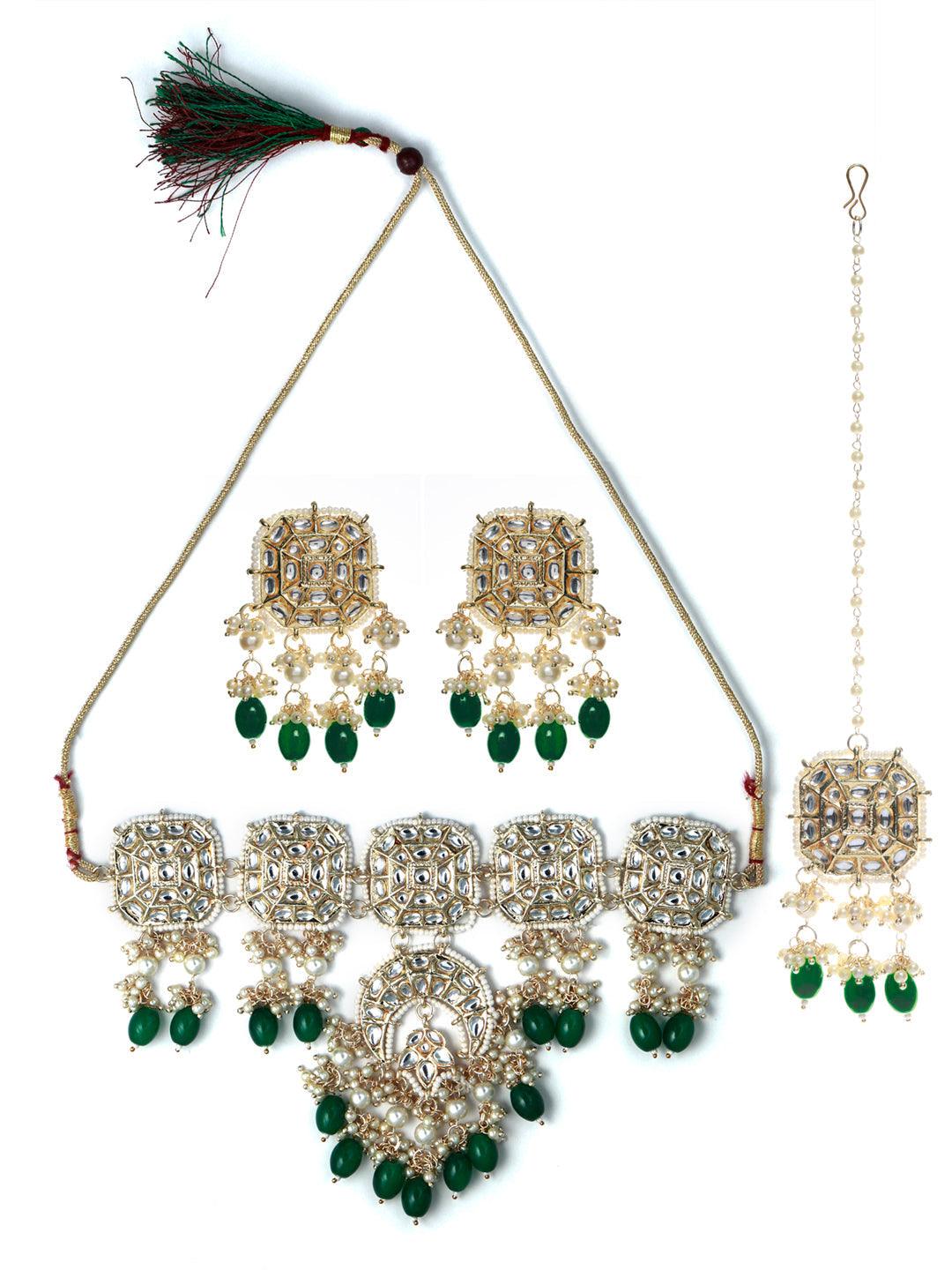 Women's Green Floral Kundan Gold Plated Jewellery Set with Maagtikka - Priyaasi - Indiakreations