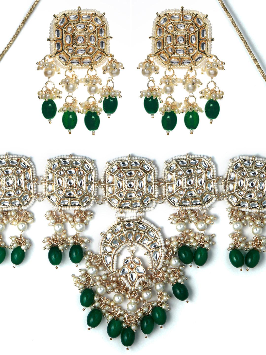 Women's Green Floral Kundan Gold Plated Jewellery Set with Maagtikka - Priyaasi - Indiakreations