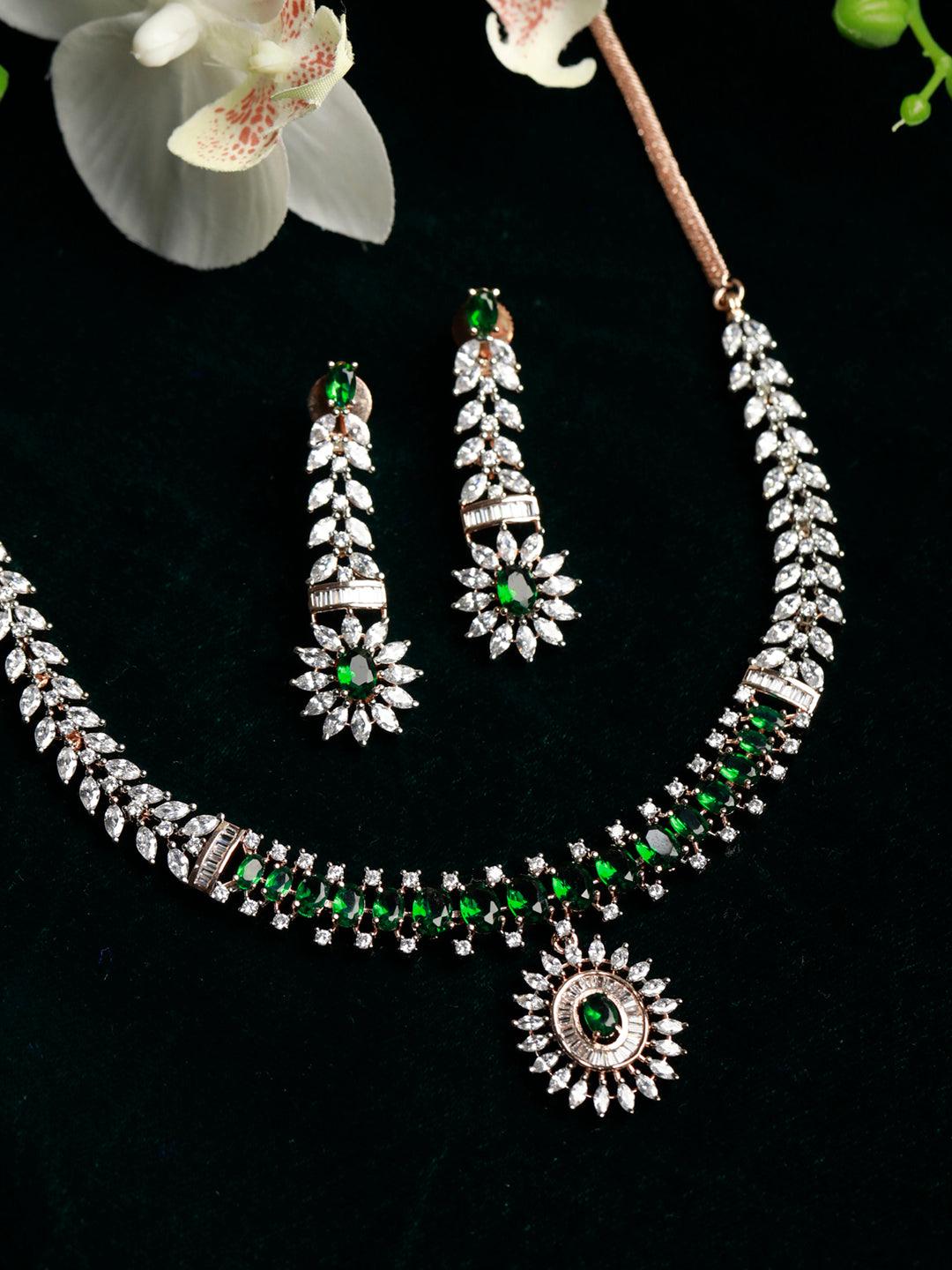 Women's Green American Diamond Rose Gold Jewellery Set - Priyaasi - Indiakreations