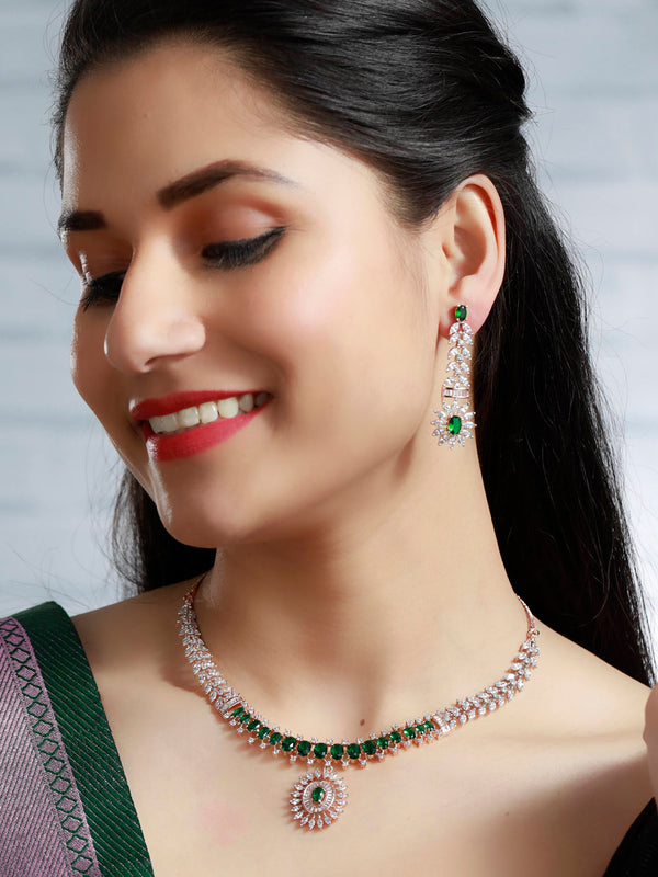 Women's Green American Diamond Rose Gold Jewellery Set - Priyaasi