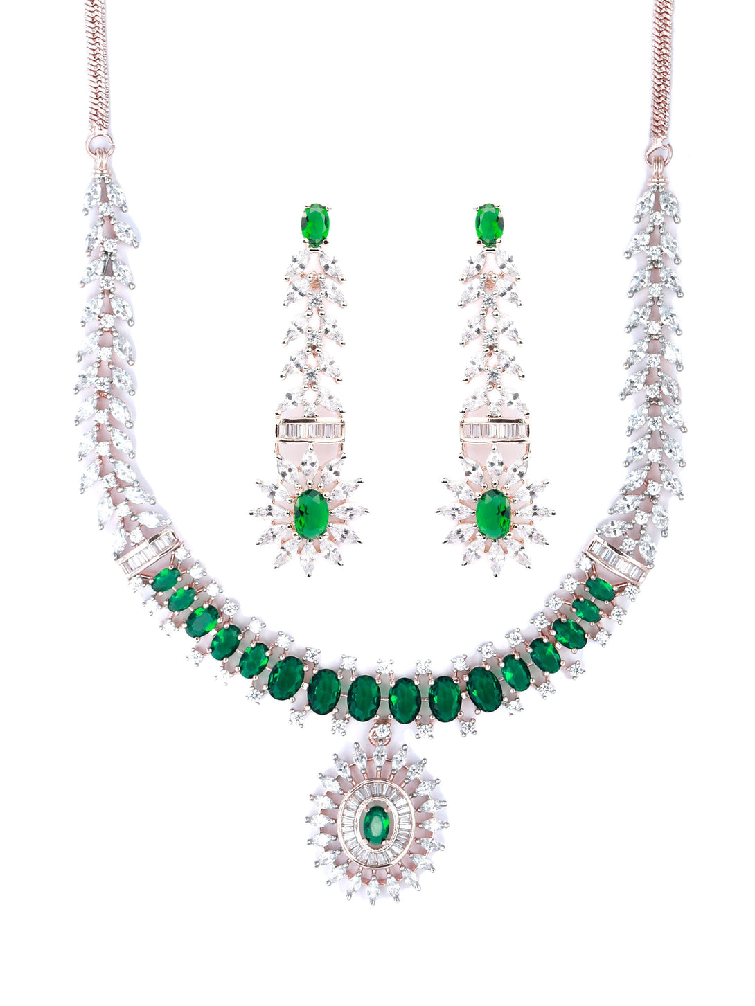 Women's Green American Diamond Rose Gold Jewellery Set - Priyaasi - Indiakreations