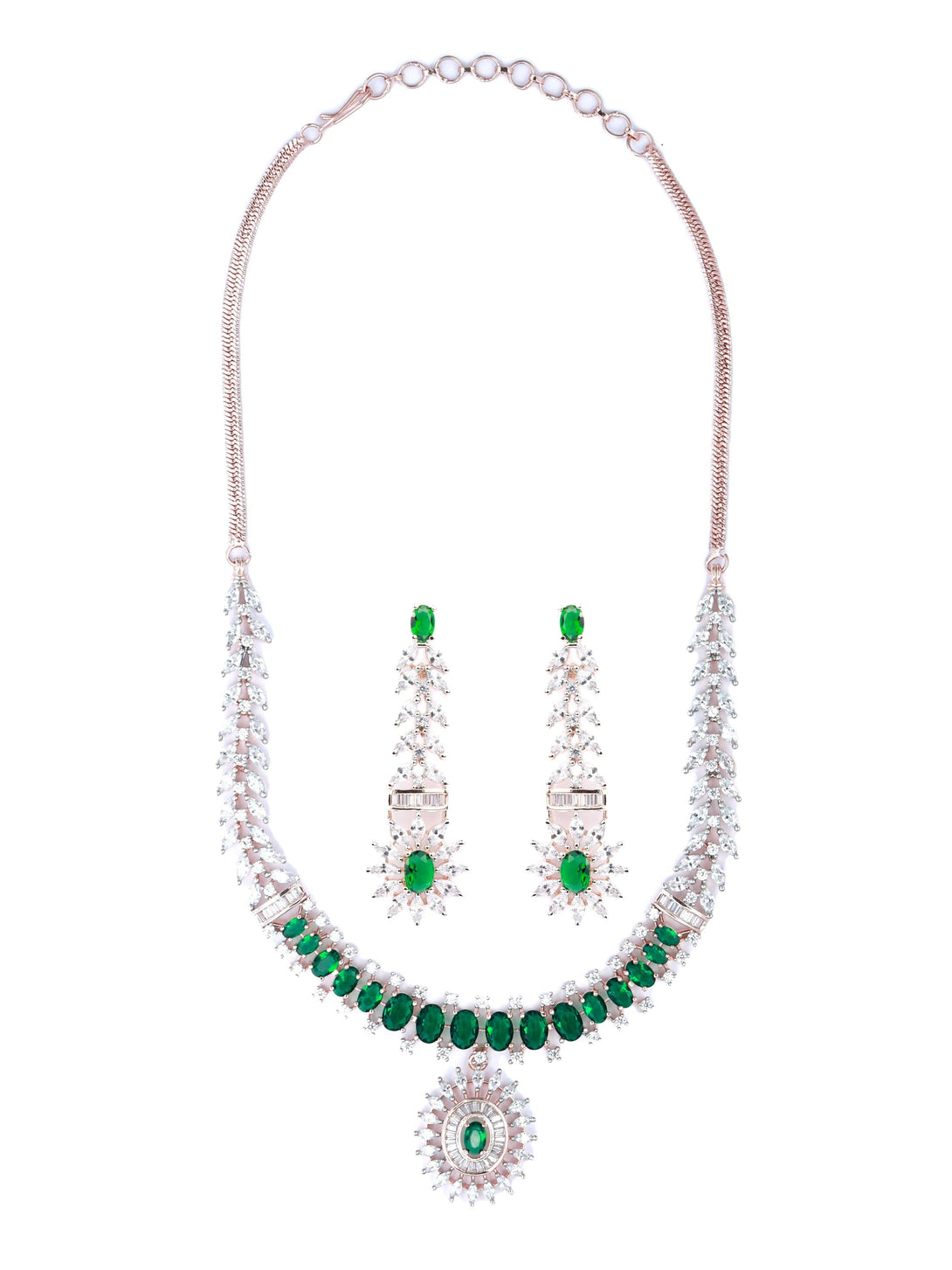 Women's Green American Diamond Rose Gold Jewellery Set - Priyaasi - Indiakreations