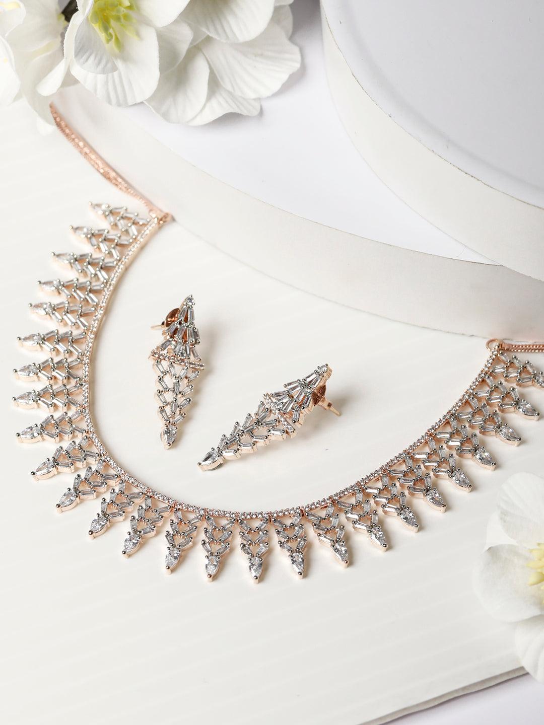 Women's Elegant Floral American Diamond Rose Gold Jewellery Set - Priyaasi - Indiakreations