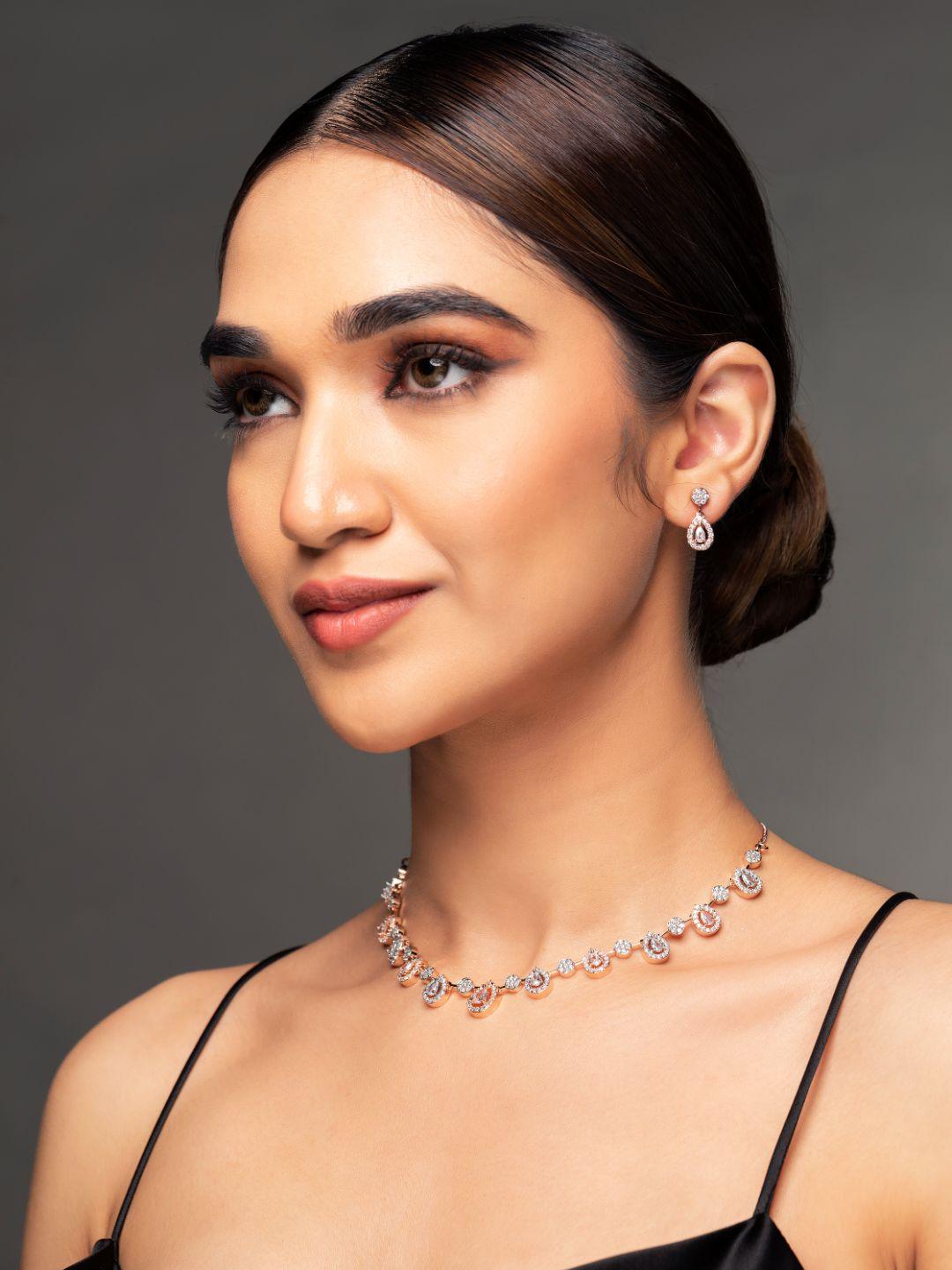 Women's Elegant Teardrop Shaped American Diamond Rose Gold Jewellery Set - Priyaasi - Indiakreations