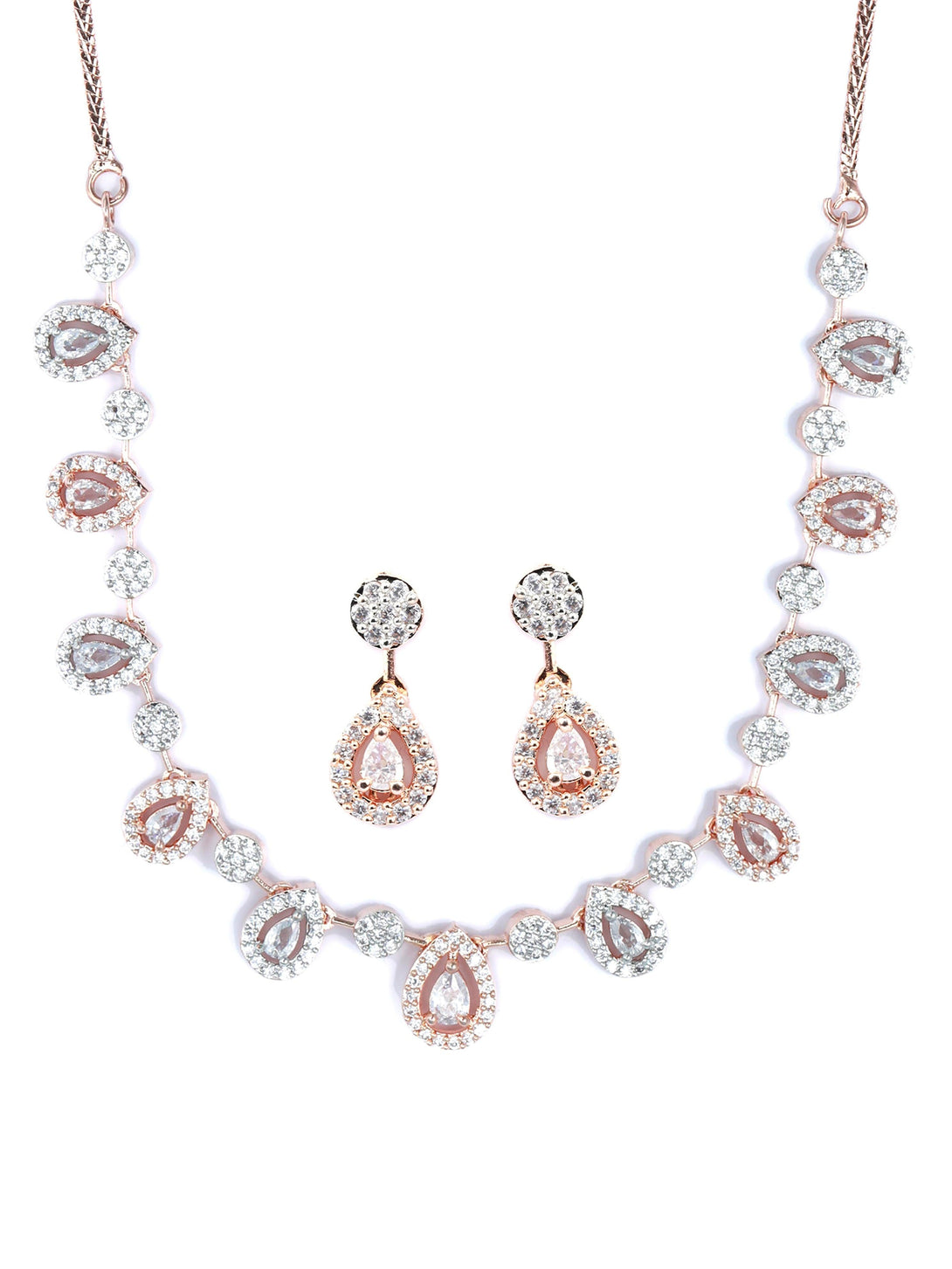 Women's Elegant Teardrop Shaped American Diamond Rose Gold Jewellery Set - Priyaasi - Indiakreations