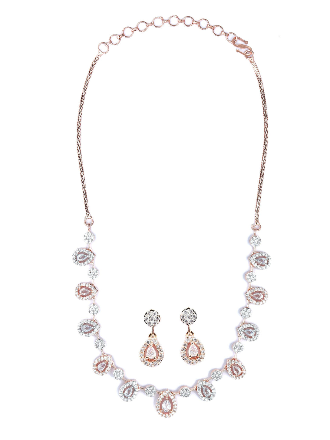 Women's Elegant Teardrop Shaped American Diamond Rose Gold Jewellery Set - Priyaasi - Indiakreations