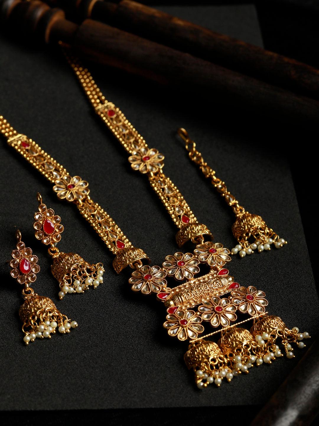 Women's Traditional Pink Stones Gold Plated Floral Jewellery Sets - Priyaasi - Indiakreations