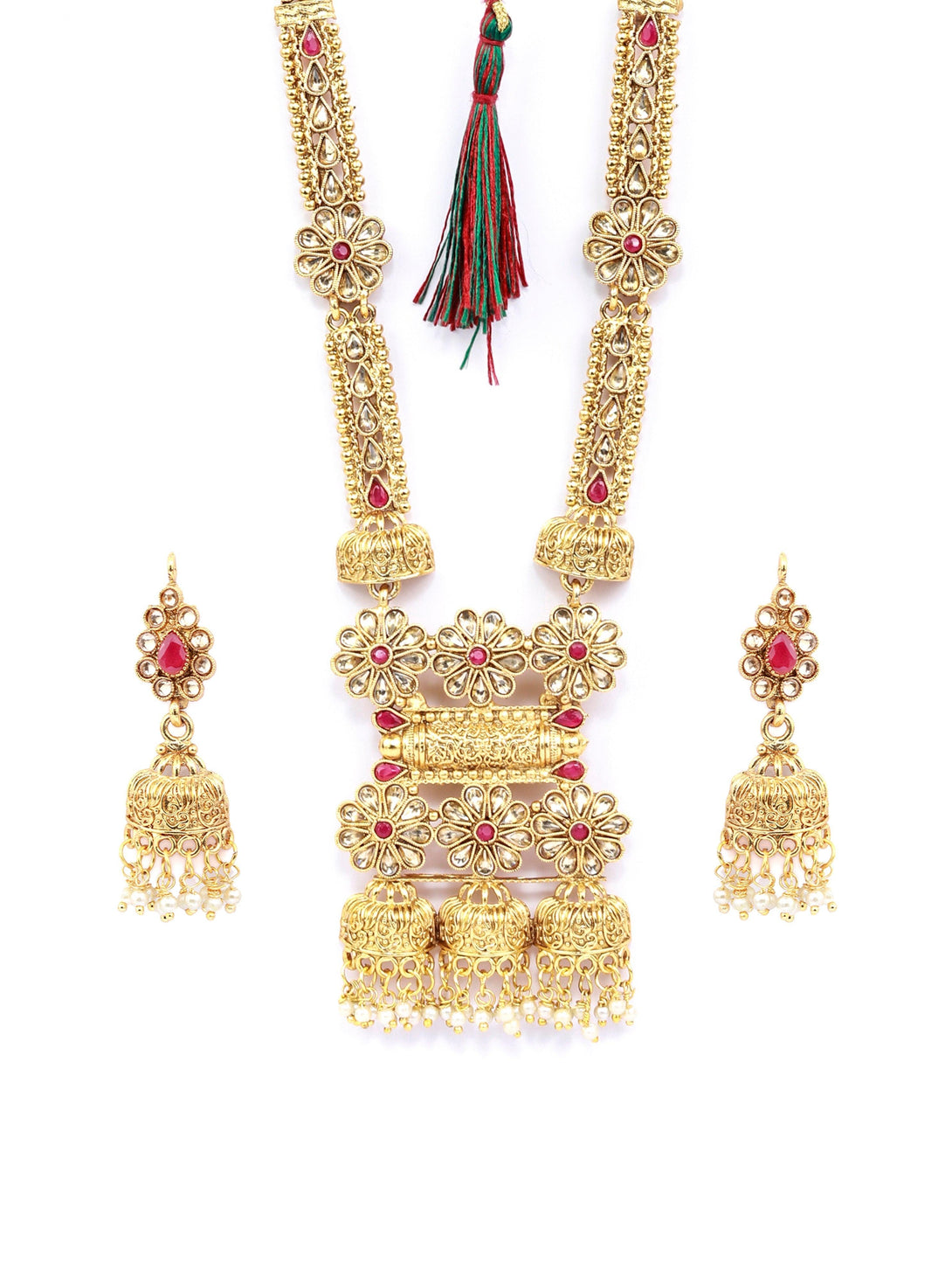 Women's Traditional Pink Stones Gold Plated Floral Jewellery Sets - Priyaasi - Indiakreations