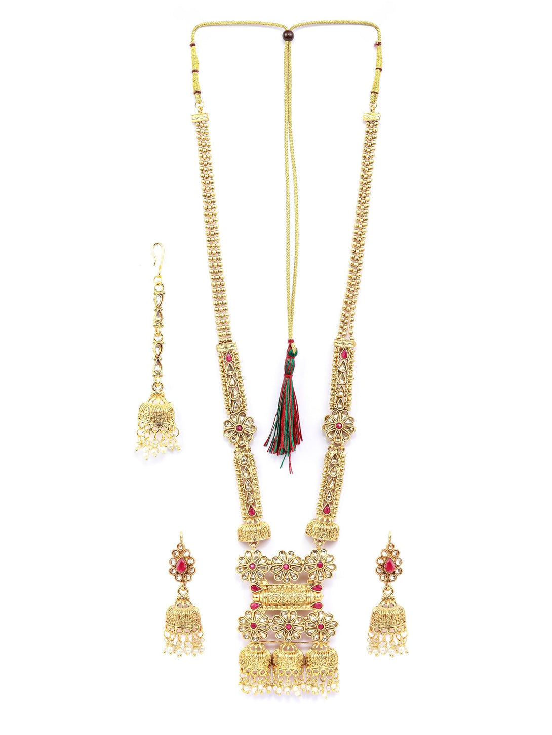 Women's Traditional Pink Stones Gold Plated Floral Jewellery Sets - Priyaasi - Indiakreations