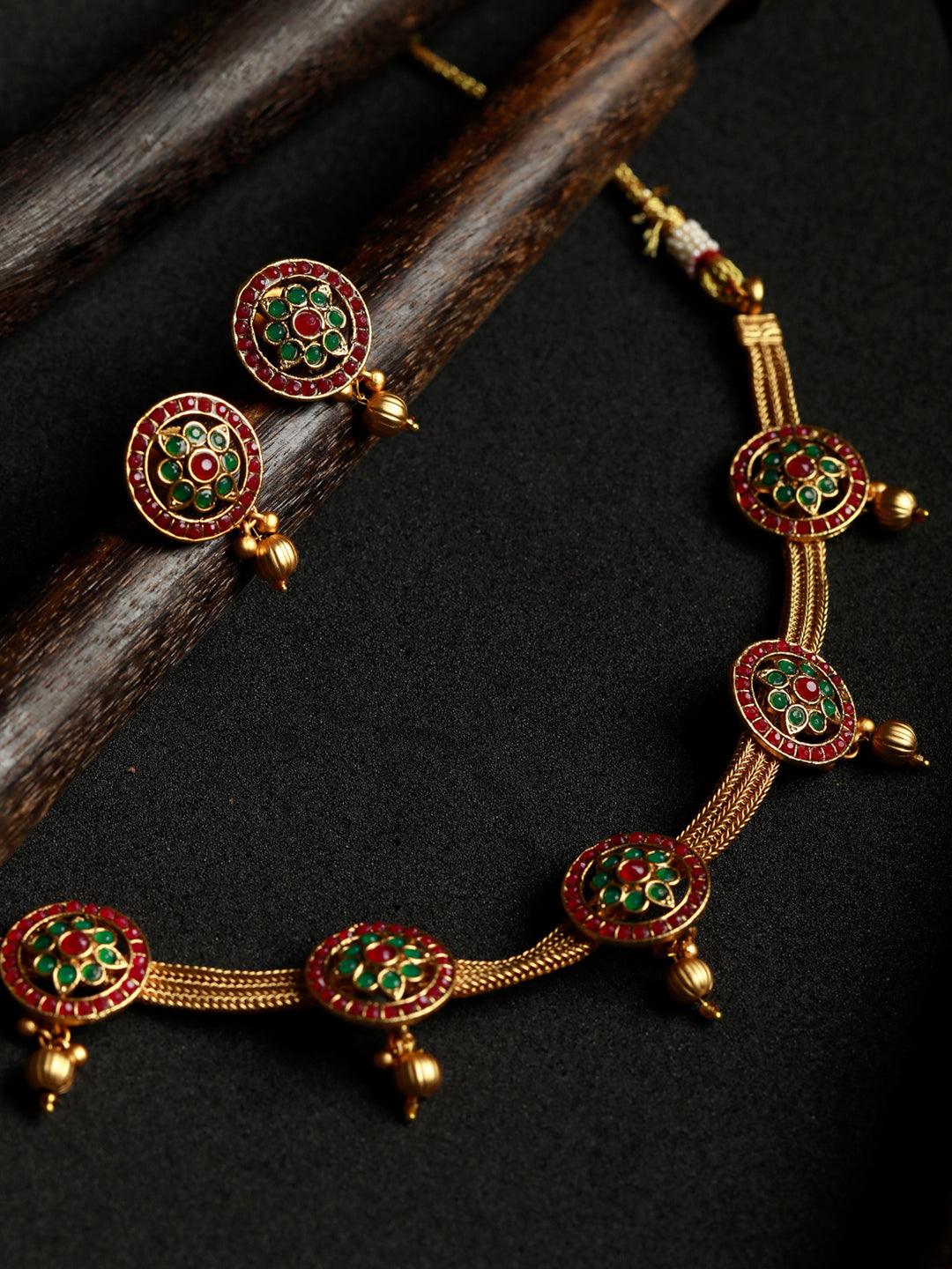 Women's Green & Ruby Floral Gold Plated Jewellery Set - Priyaasi - Indiakreations