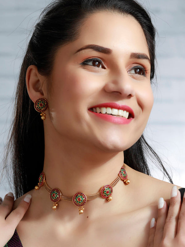 Women's Green & Ruby Floral Gold Plated Jewellery Set - Priyaasi