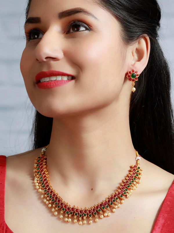 Women's Green & Ruby Kemp Stones Jewellery Set - Priyaasi - Indiakreations