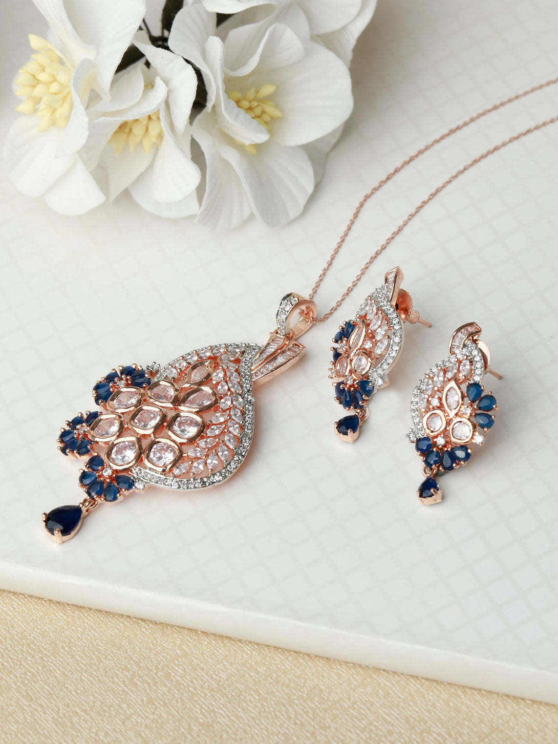 Women's Blue American Diamond Rose Gold Pendant & Earring Set - Priyaasi - Indiakreations