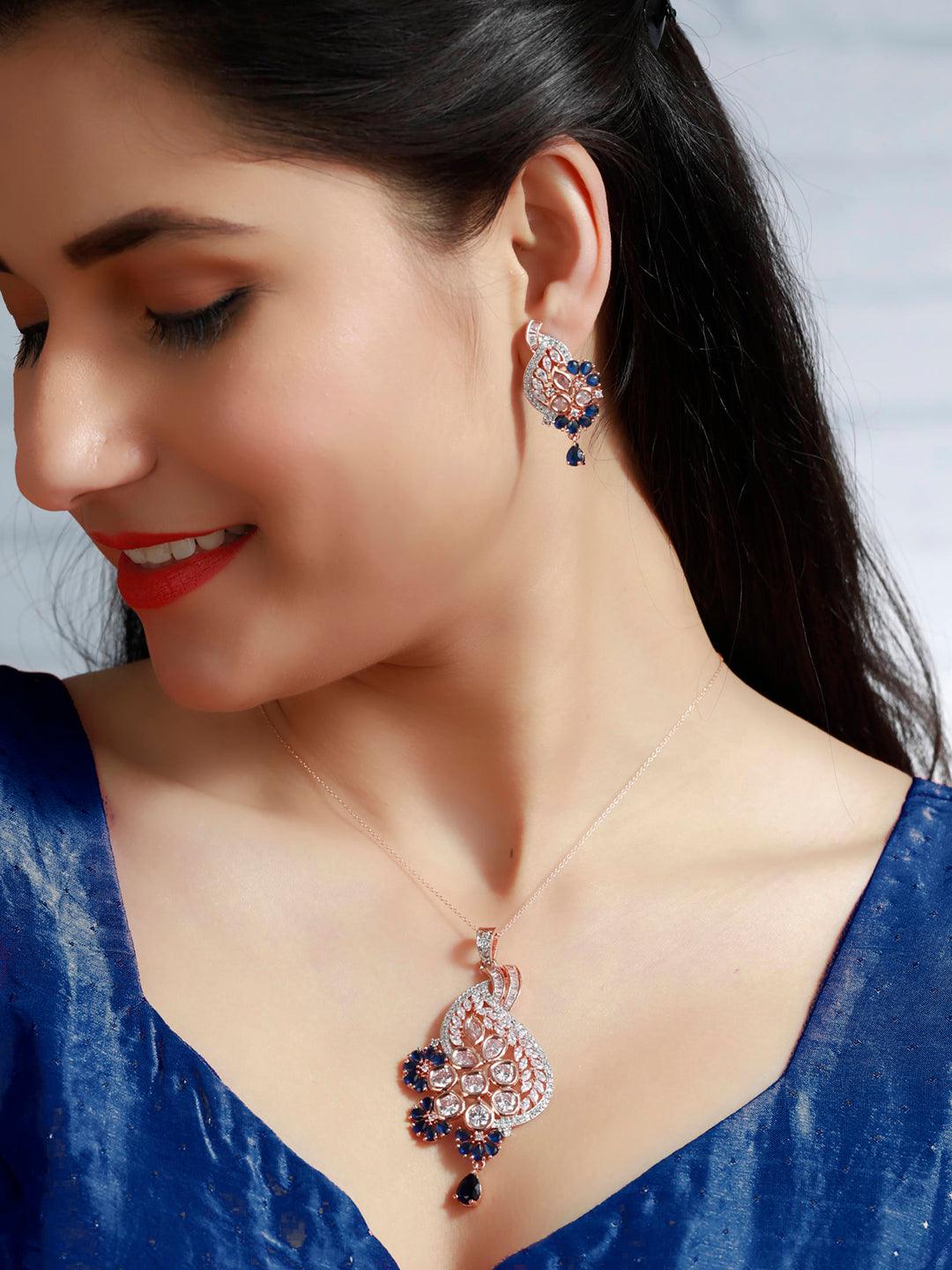 Women's Blue American Diamond Rose Gold Pendant & Earring Set - Priyaasi - Indiakreations