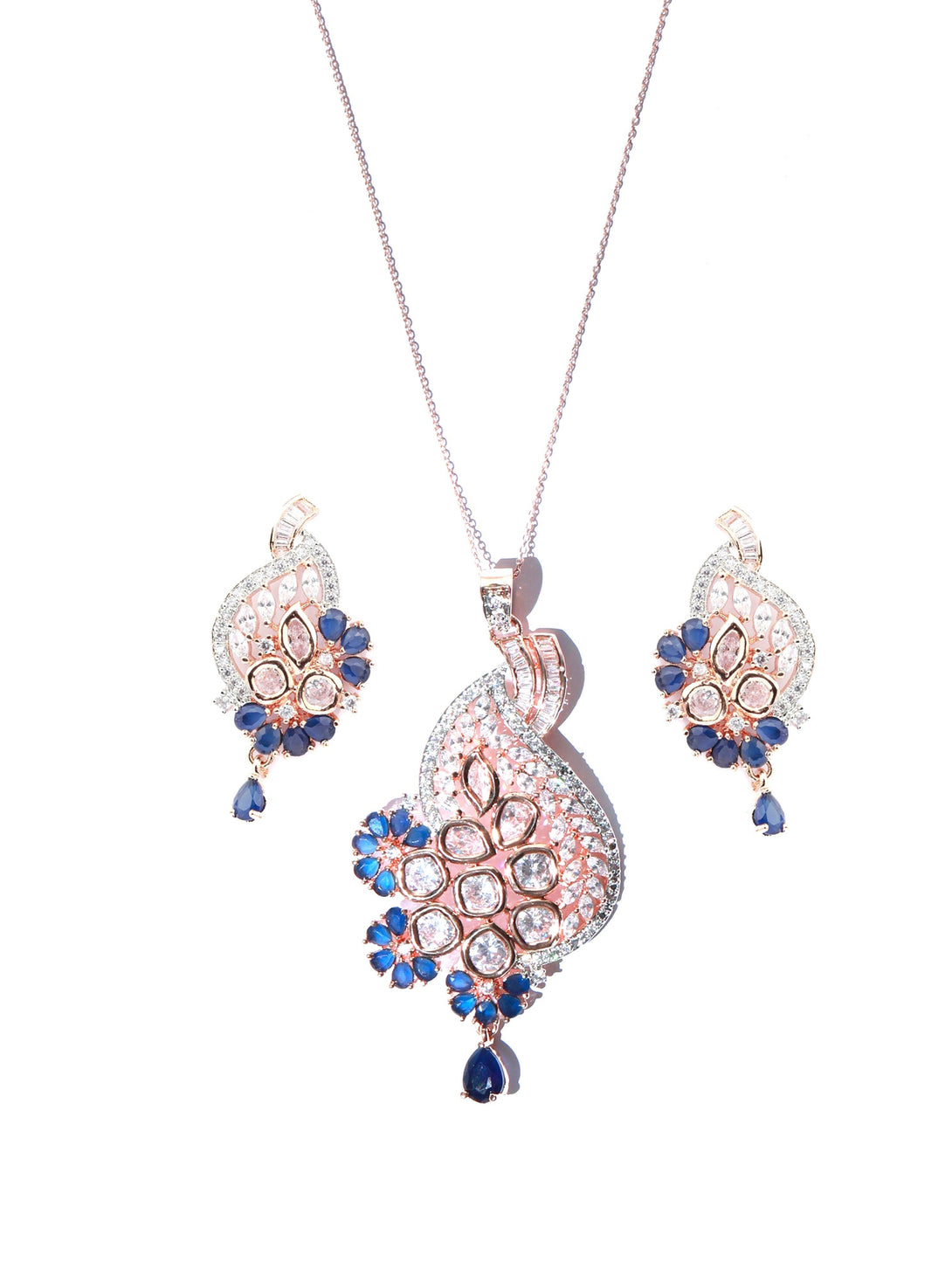 Women's Blue American Diamond Rose Gold Pendant & Earring Set - Priyaasi - Indiakreations