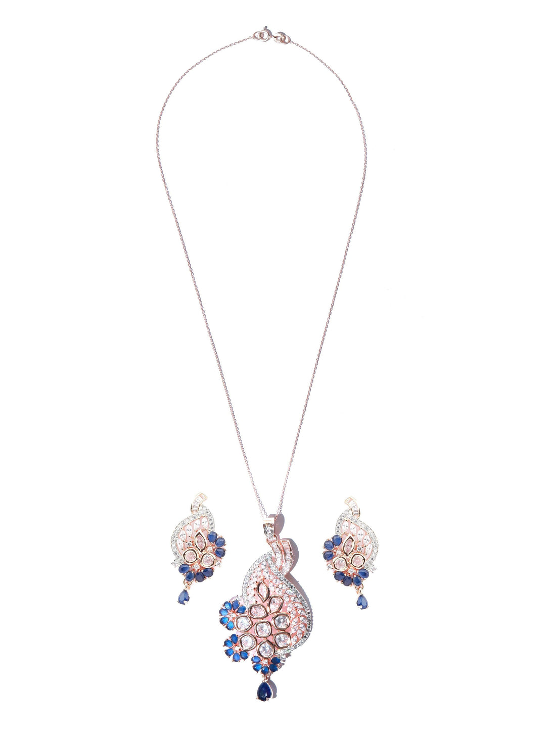 Women's Blue American Diamond Rose Gold Pendant & Earring Set - Priyaasi - Indiakreations