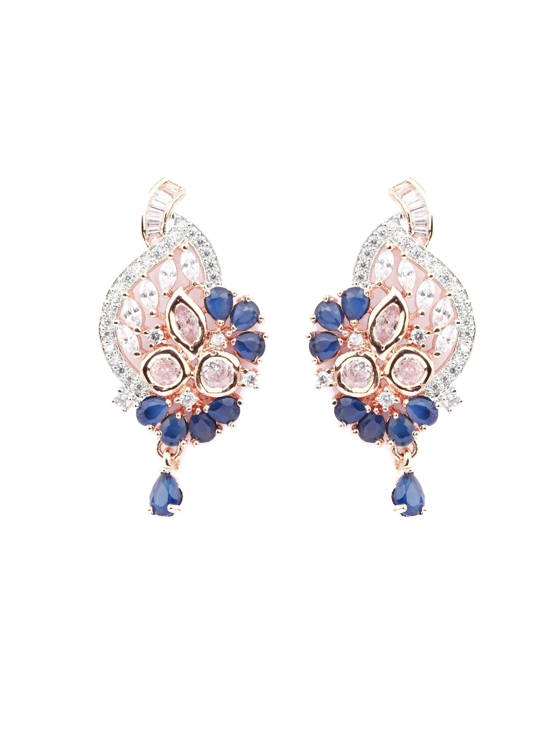 Women's Blue American Diamond Rose Gold Pendant & Earring Set - Priyaasi - Indiakreations