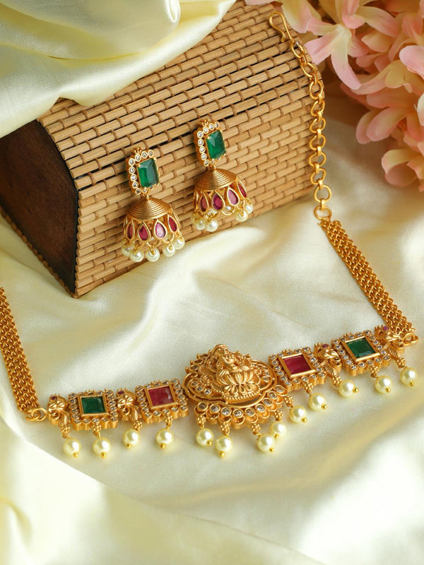 Women's Goddess Laxmi Gold Plated Choker Jewellery Set - Priyaasi - Indiakreations