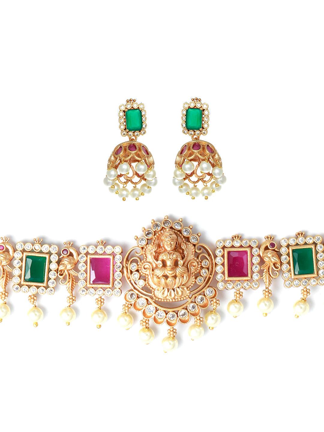 Women's Goddess Laxmi Gold Plated Choker Jewellery Set - Priyaasi - Indiakreations