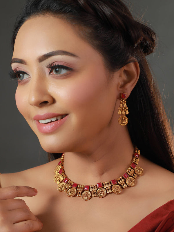 Women's Goddess Laxmi Pink Stone Studded Gold Plated Jewellery Set - Priyaasi