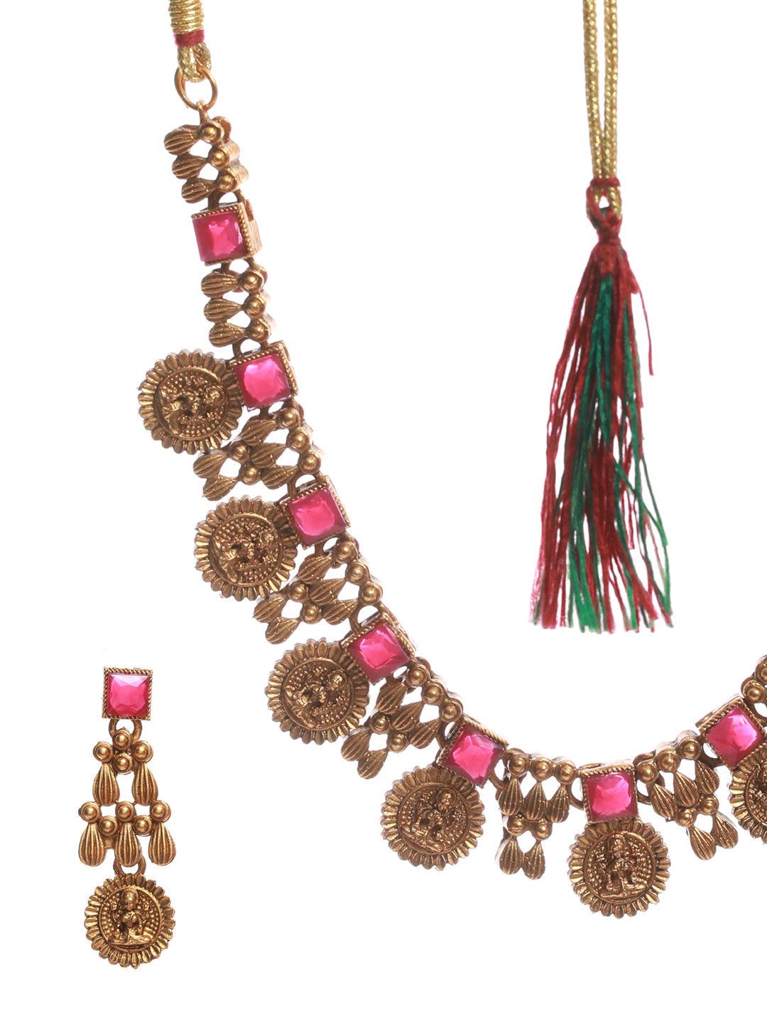 Women's Goddess Laxmi Pink Stone Studded Gold Plated Jewellery Set - Priyaasi - Indiakreations