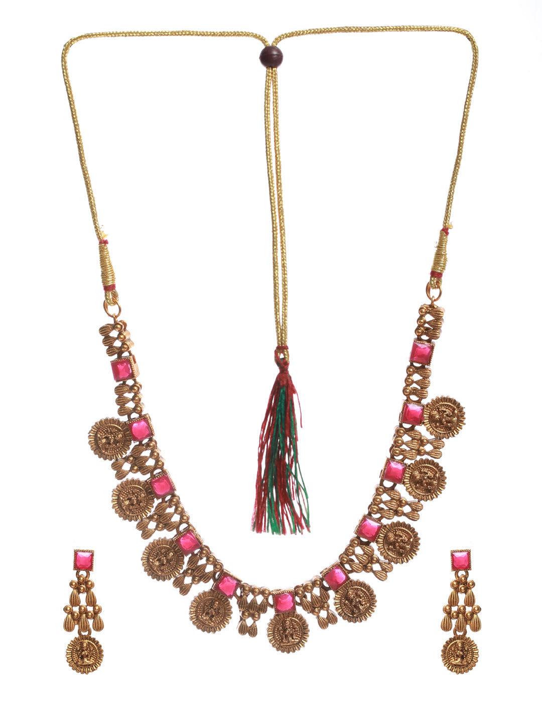 Women's Goddess Laxmi Pink Stone Studded Gold Plated Jewellery Set - Priyaasi - Indiakreations