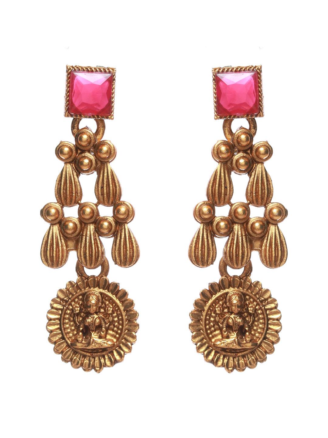 Women's Goddess Laxmi Pink Stone Studded Gold Plated Jewellery Set - Priyaasi - Indiakreations