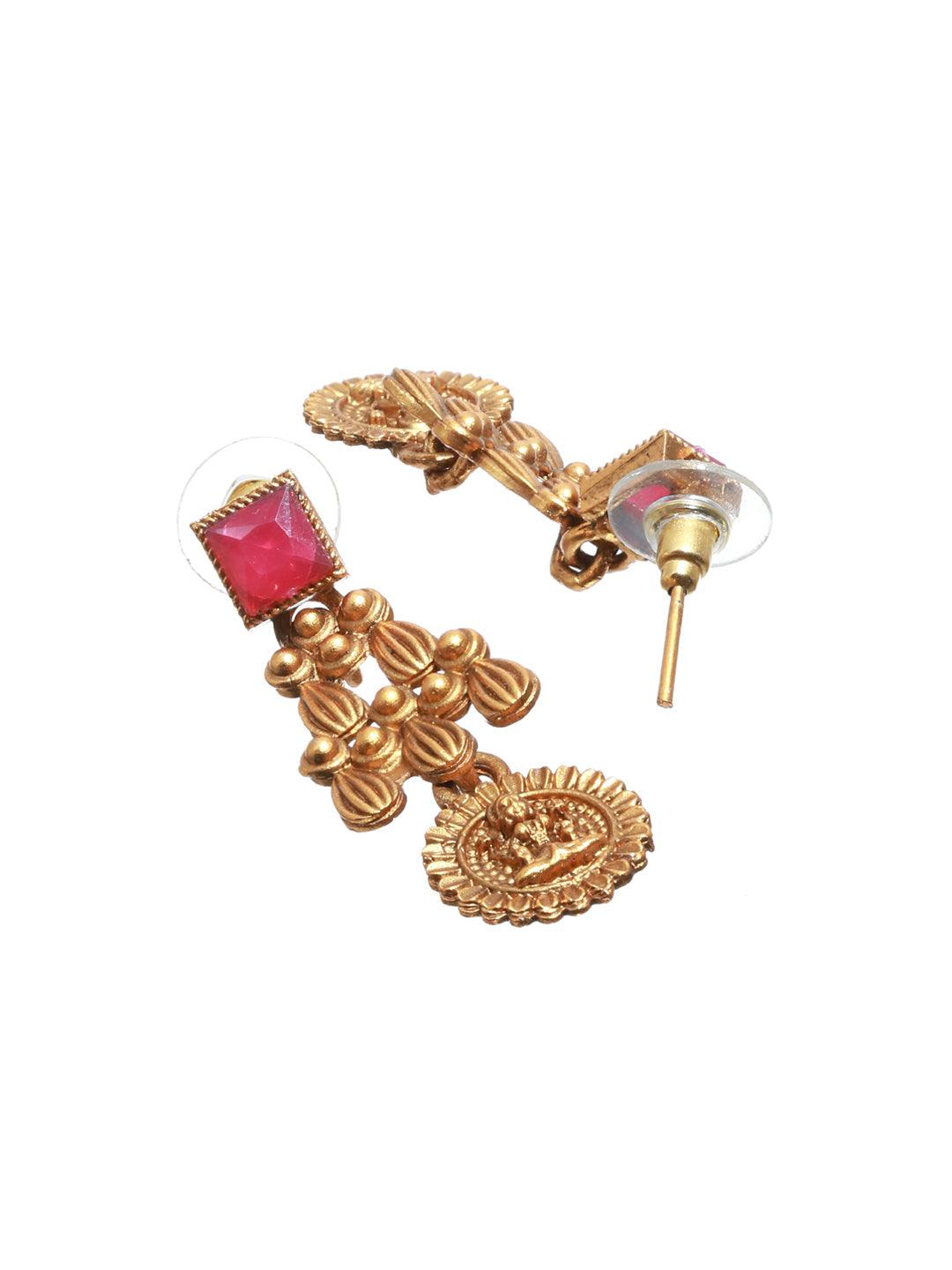 Women's Goddess Laxmi Pink Stone Studded Gold Plated Jewellery Set - Priyaasi - Indiakreations