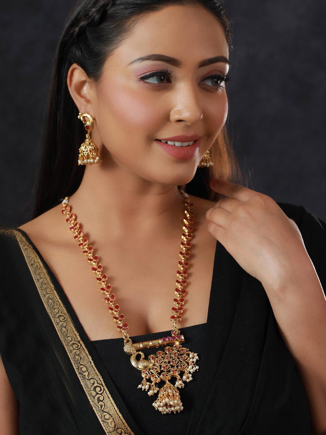 Women's Peacock Pearl Ruby Studded Gold Plated Jewellery Set - Priyaasi - Indiakreations