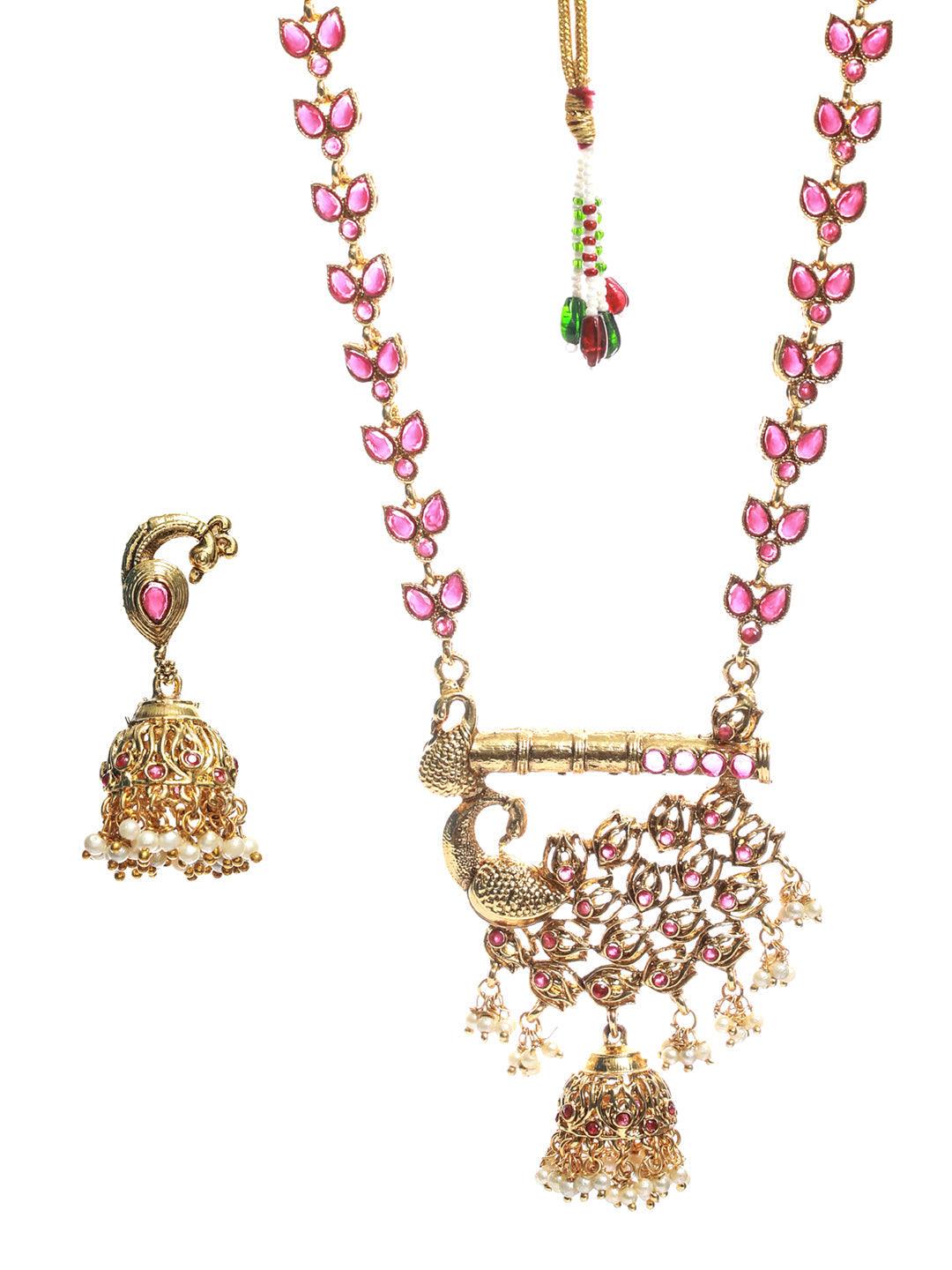 Women's Peacock Pearl Ruby Studded Gold Plated Jewellery Set - Priyaasi - Indiakreations