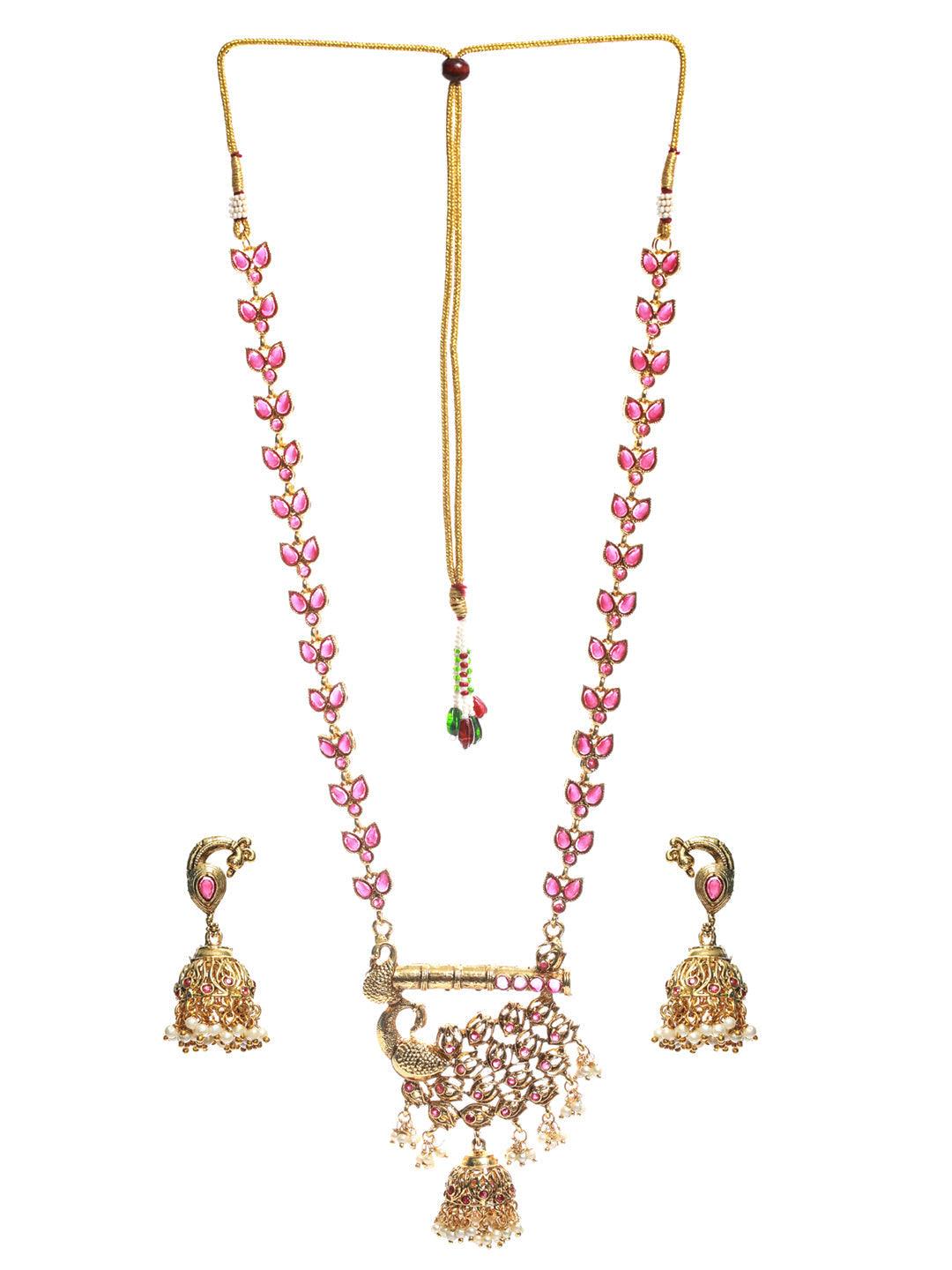 Women's Peacock Pearl Ruby Studded Gold Plated Jewellery Set - Priyaasi - Indiakreations