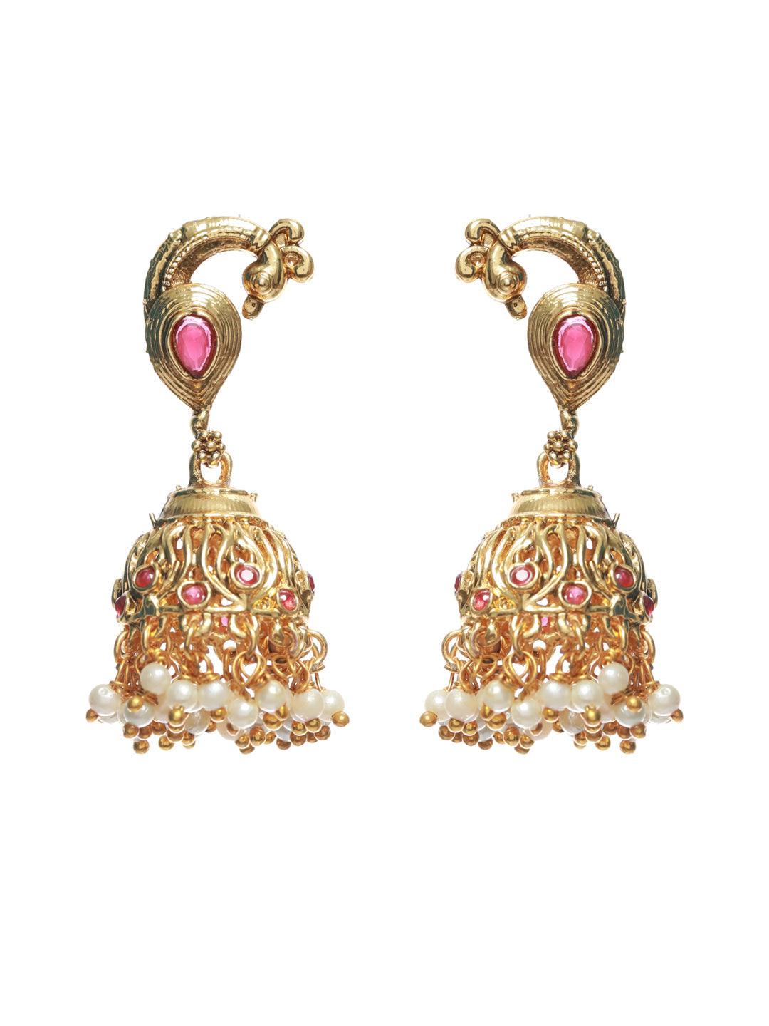 Women's Peacock Pearl Ruby Studded Gold Plated Jewellery Set - Priyaasi - Indiakreations