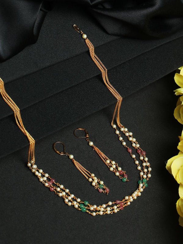 Women's Multicolored Layered Pearl Gold Plated Jewellery Set - Priyaasi - Indiakreations