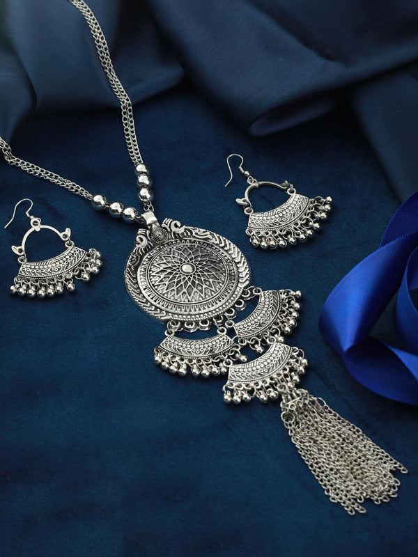 Women's Oxidised Silver Long Floral Tasseled Jewellery Set - Priyaasi - Indiakreations