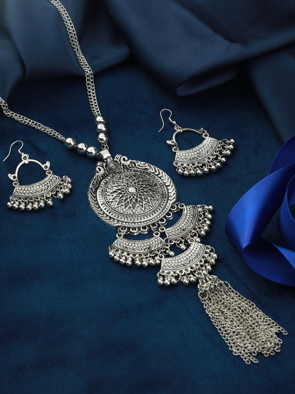 Women's Oxidised Silver Long Floral Tasseled Jewellery Set - Priyaasi