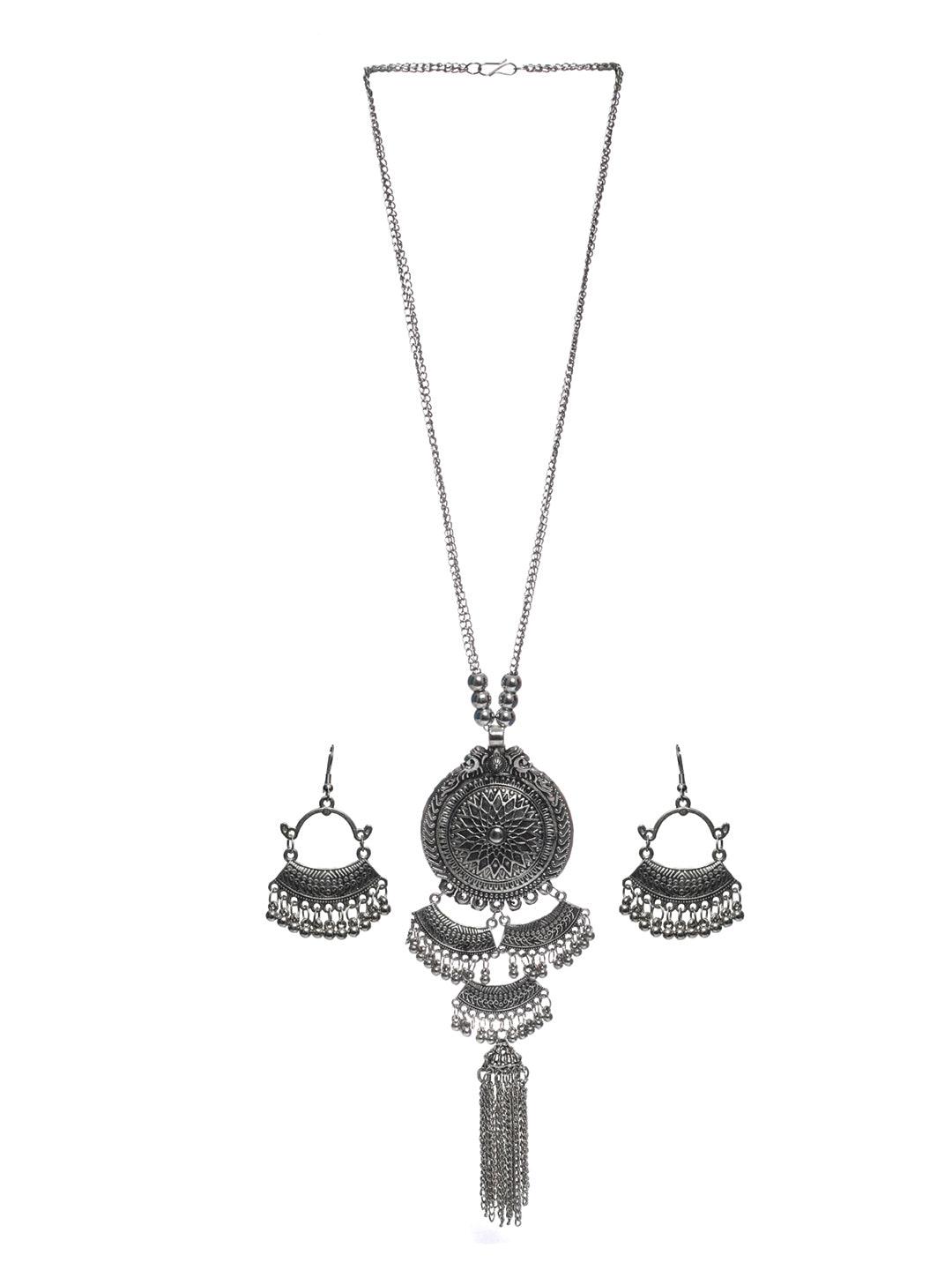 Women's Oxidised Silver Long Floral Tasseled Jewellery Set - Priyaasi - Indiakreations