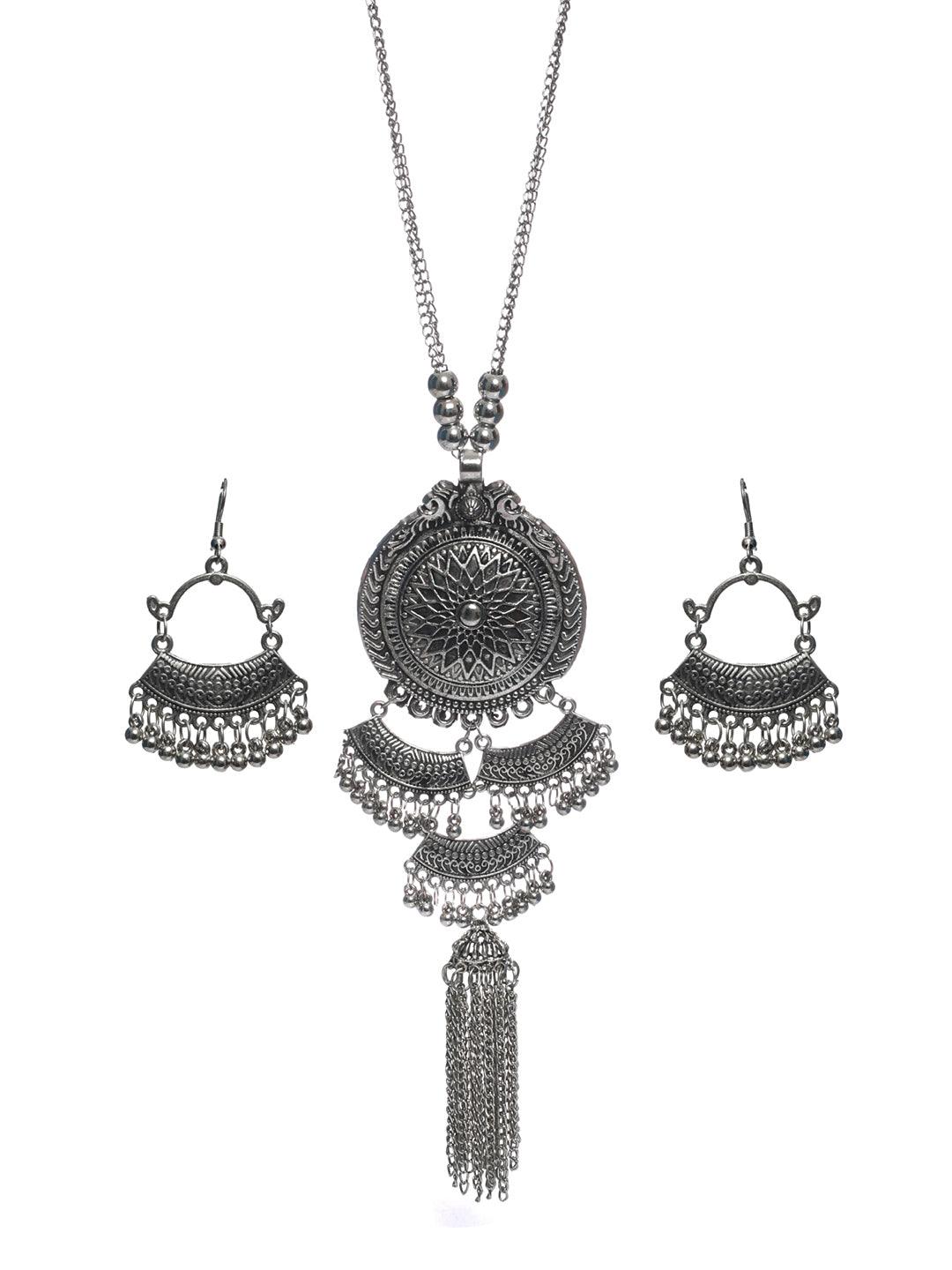 Women's Oxidised Silver Long Floral Tasseled Jewellery Set - Priyaasi - Indiakreations