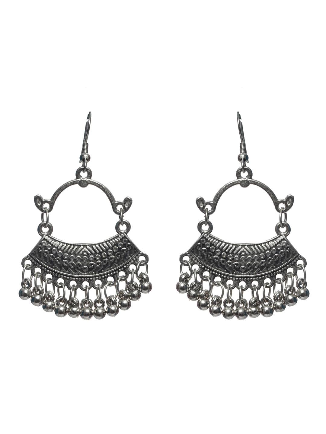 Women's Oxidised Silver Long Floral Tasseled Jewellery Set - Priyaasi - Indiakreations