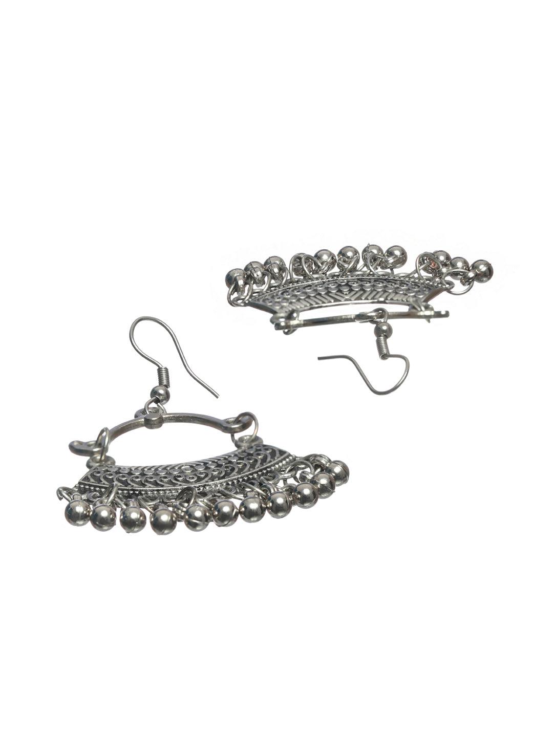 Women's Oxidised Silver Long Floral Tasseled Jewellery Set - Priyaasi - Indiakreations