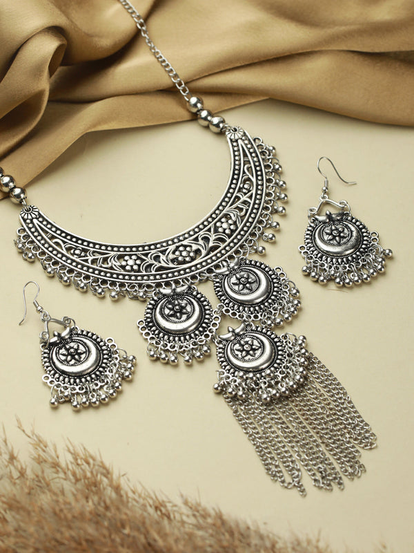 Women's Oxidised Silver Floral Tasseled Jewellery Set - Priyaasi