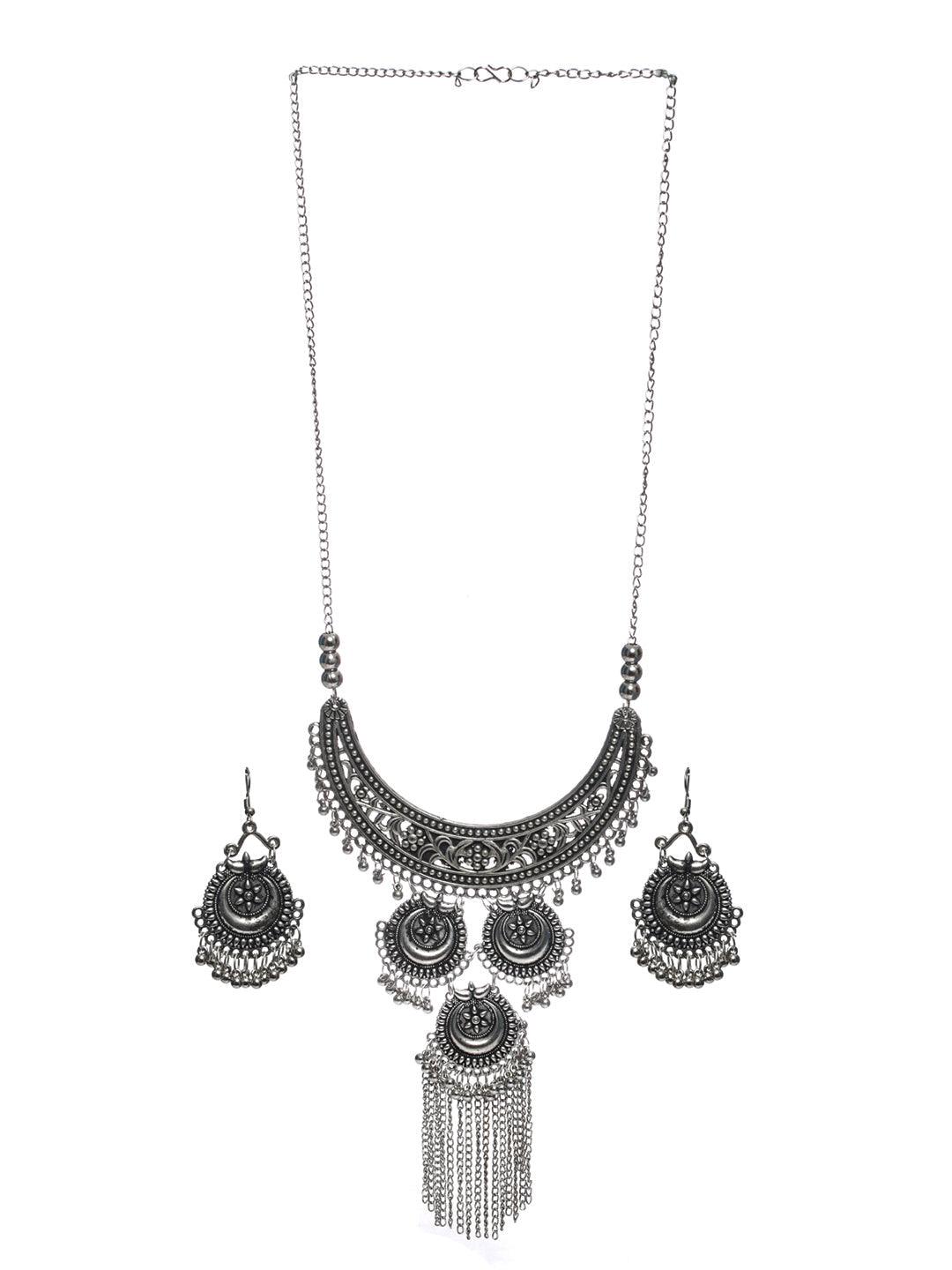 Women's Oxidised Silver Floral Tasseled Jewellery Set - Priyaasi - Indiakreations