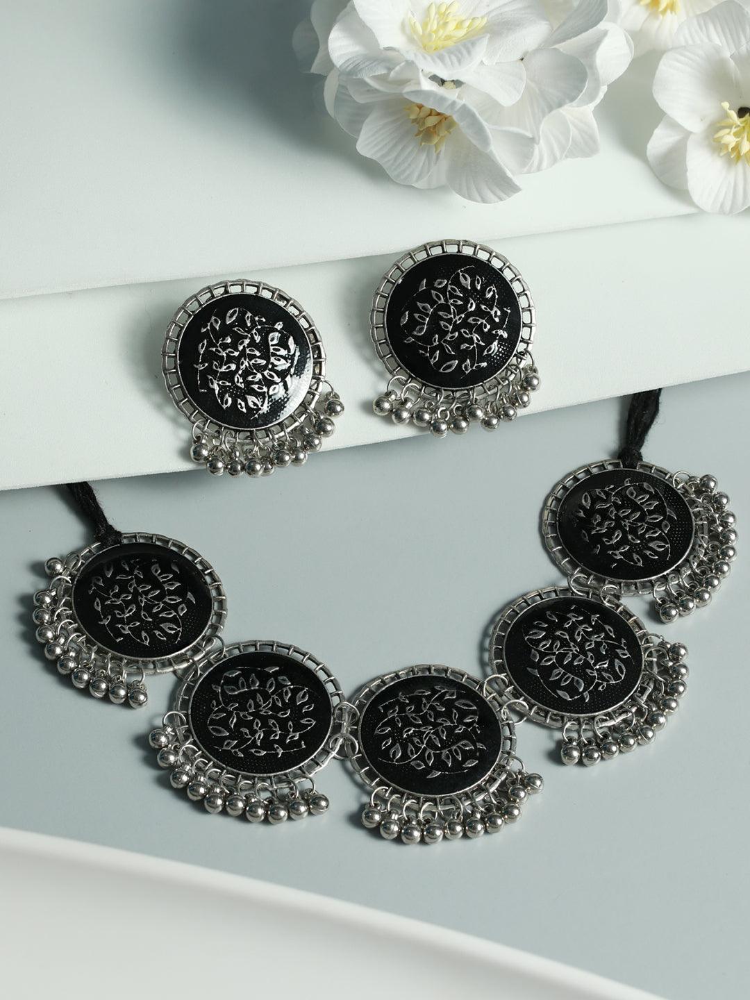 Women's Oxidised Silver Round Black Floral Jewellery Set - Priyaasi - Indiakreations