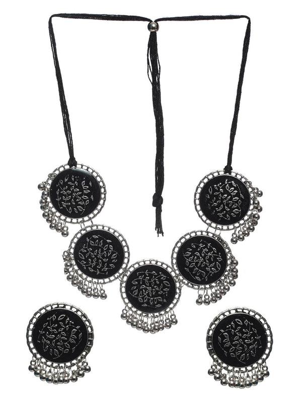 Women's Oxidised Silver Round Black Floral Jewellery Set - Priyaasi - Indiakreations