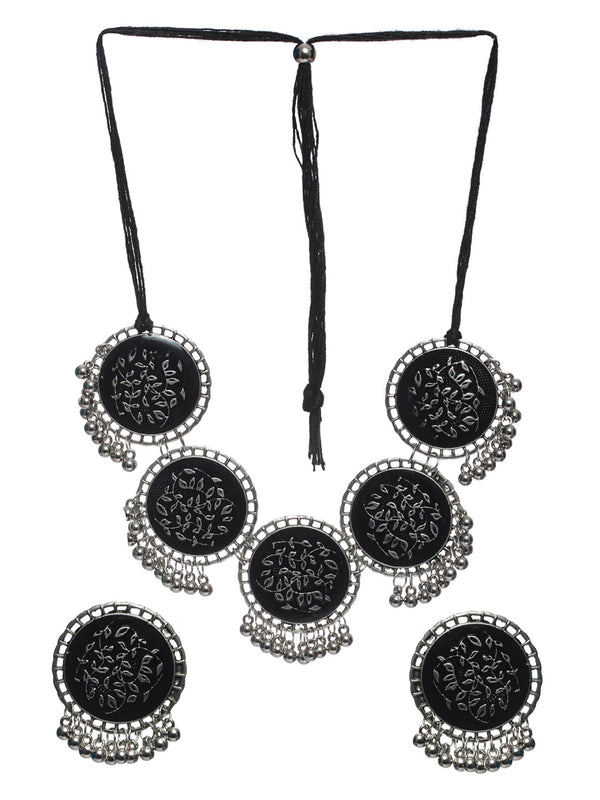 Women's Oxidised Silver Round Black Floral Jewellery Set - Priyaasi