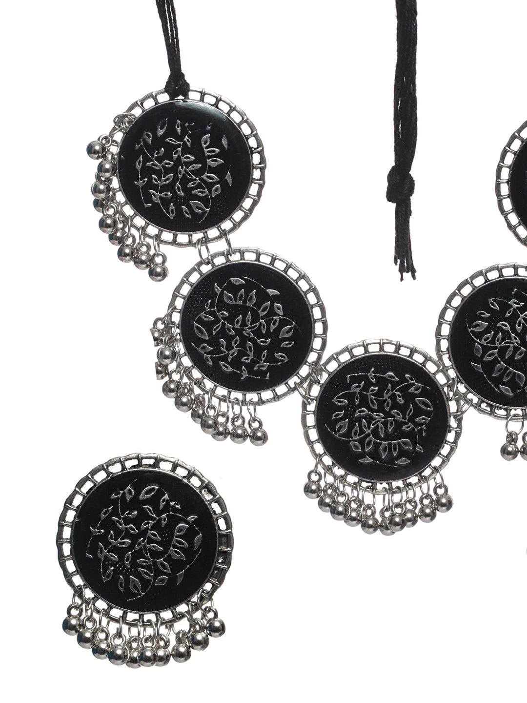 Women's Oxidised Silver Round Black Floral Jewellery Set - Priyaasi - Indiakreations