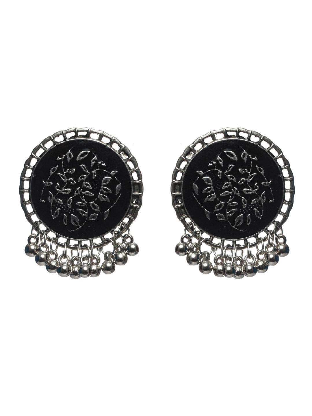 Women's Oxidised Silver Round Black Floral Jewellery Set - Priyaasi - Indiakreations