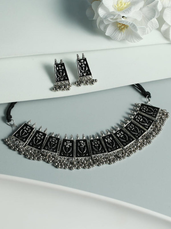 Women's Black Floral Long Block Oxidised Silver Jewellery Set - Priyaasi - Indiakreations