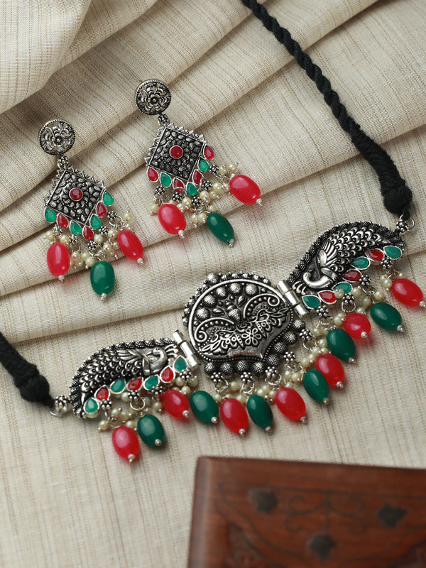 Women's Oxidised Silver Multicolor Peacock Jewellery Set - Priyaasi