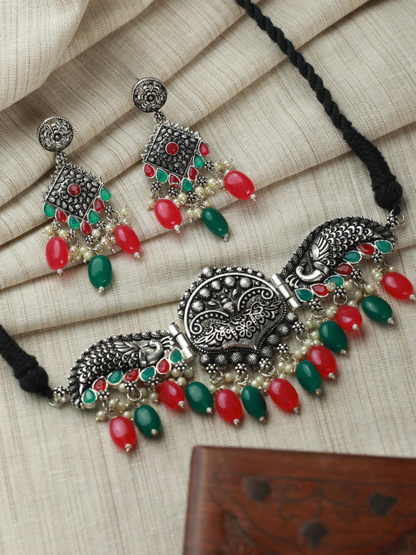 Women's Oxidised Silver Multicolor Peacock Jewellery Set - Priyaasi - Indiakreations