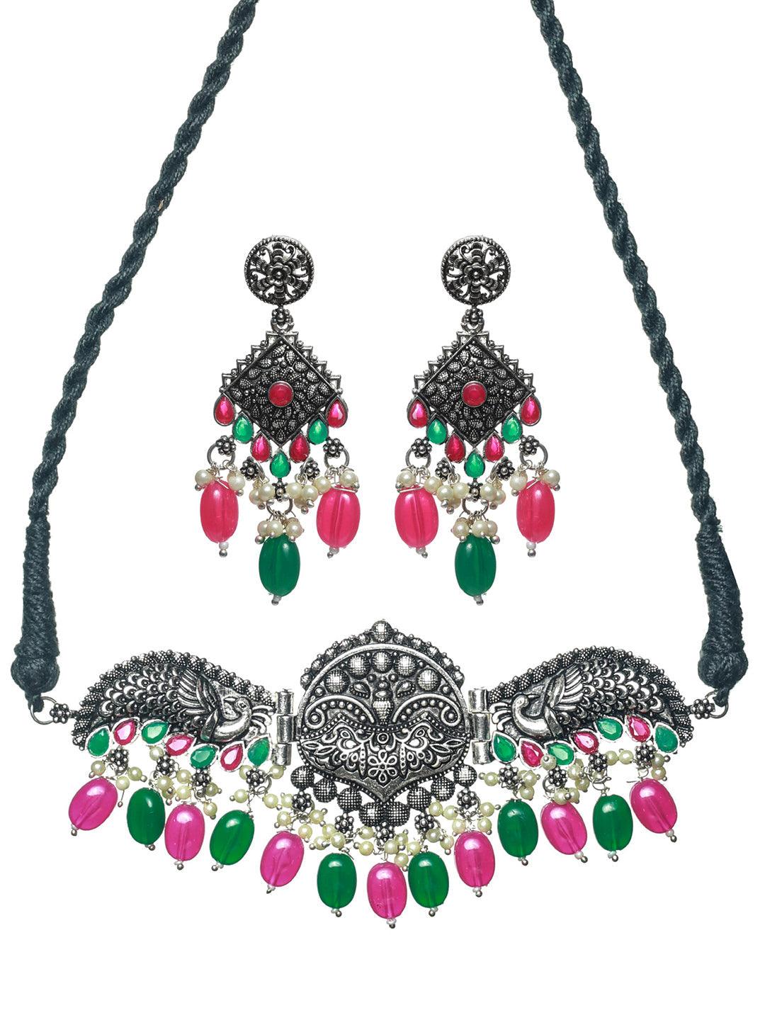 Women's Oxidised Silver Multicolor Peacock Jewellery Set - Priyaasi - Indiakreations